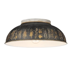 Kinsley 14 in. 2-Light Aged Galvanized Steel Flush Mount with Antique Black Iron Shade