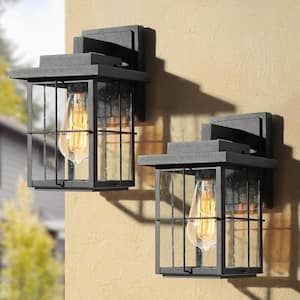 Modern Industrial Square Black Outdoor Wall Sconce with Seeded Glass Shade 1-Light Wall Lantern For Entry Porch (2-Pack)