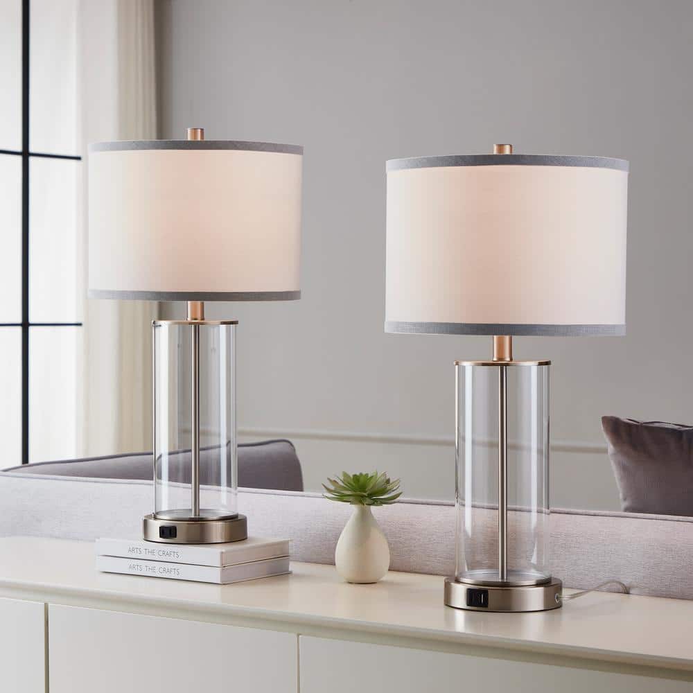Brushed Nickel Glass Table Lamps with USB Ports and AC Outlet, Set of 2