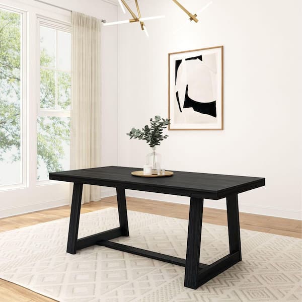 Classic Rectangle Black Wirebrush Wood 72 in. Trestle Dining Table Seats 6