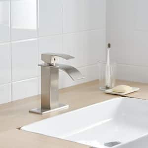 Single Handle Single Hole Bathroom Faucet with Deckplate Included, Pop Up Drain and Water Supply Hoses in Brushed Nickel