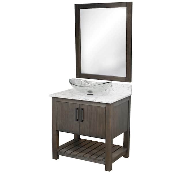 Ocean Breeze 31 in. W x 22 in. D x 31 in. H Single Sink Bath Vanity in Cafe with Mocha Quartz Top, Vessel and Mirror