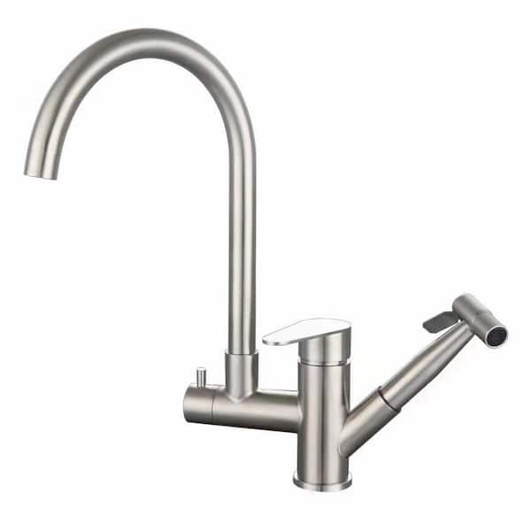 14.6 in. H Single Handle Deck Mount Standard Kitchen Faucet with Pull-Out Sprayer in Brushed Nickel