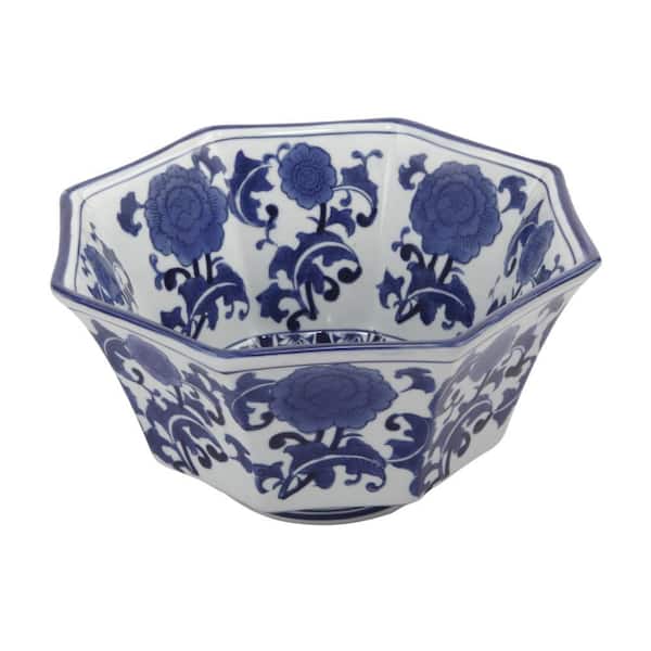 Blue and White Abstract 10.5 in. Decorative Bowl with Floral Pattern