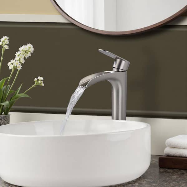 Waterfall Single Handle Single Hole Bathroom Faucet with Metal Pop-Up Drain in Brushed Nickel