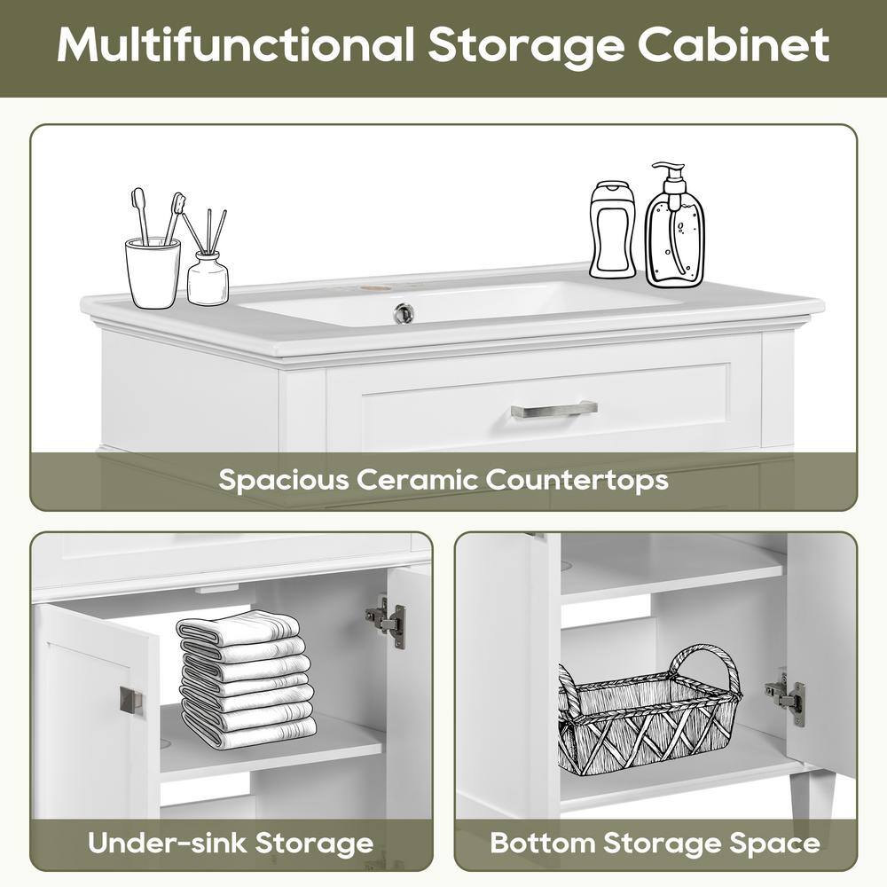 30-Inch White MDF Freestanding Bathroom Vanity with Ceramic Basin