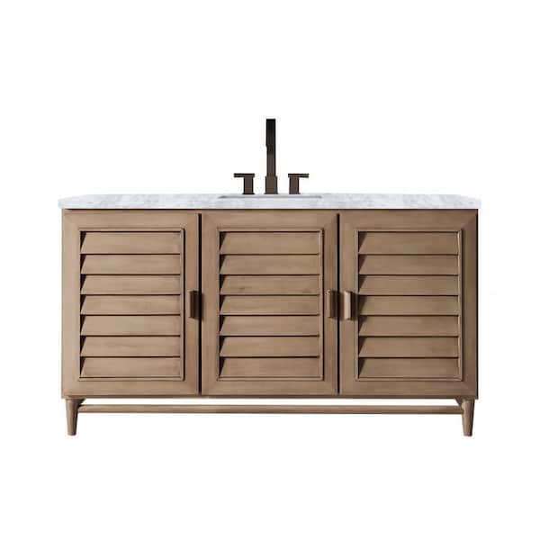 James Martin Vanities Portland 60 in. W x 23.5 in.D x 34.3 in.H Single Bath Vanity in Whitewashed Walnut with Marble Top in Carrara White