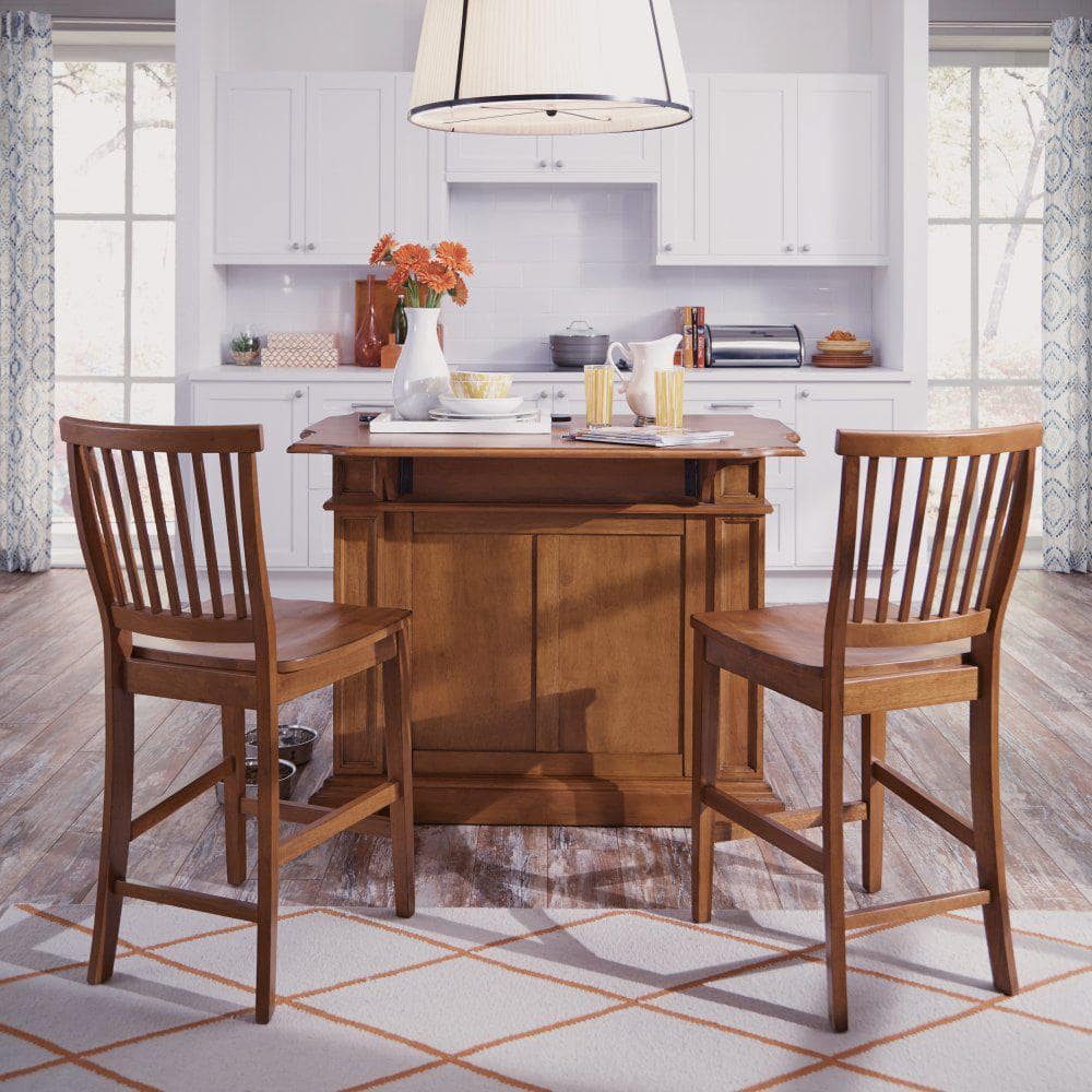 Americana Oak Wood Kitchen Island Set with Stools