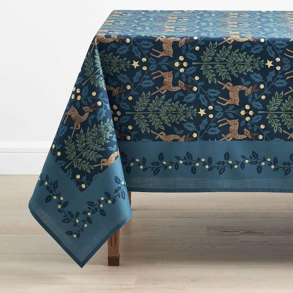 Company Cotton Reindeer 70 in. W x 108 in. L Blue Seasonal Cotton Tablecloth