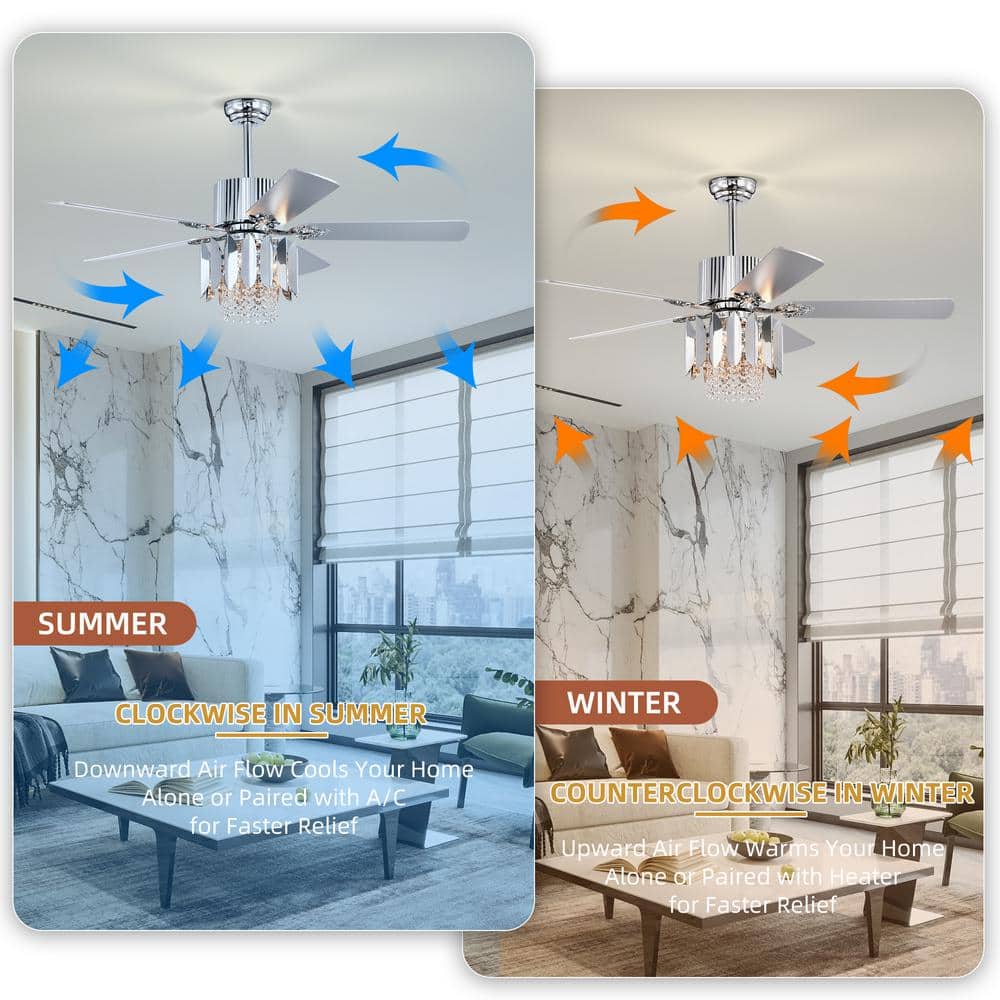 52" Chrome Crystal Ceiling Fan with Reversible Blades and Remote