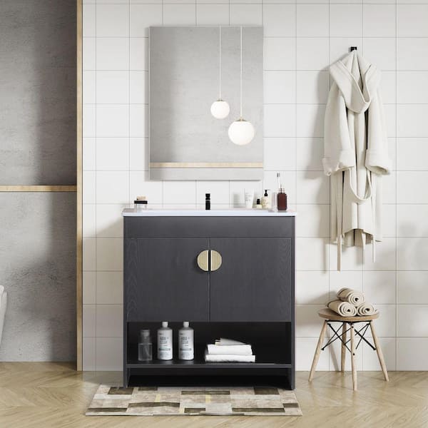 Modland Yunus 24 in. W x 18 in. D x 32 in. H Single Sink Freestanding Bath Vanity in Black with White Ceramic Top