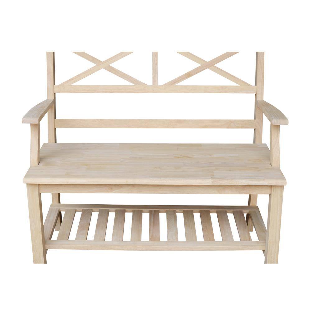 Unfinished Parawood Double X-Back Bench with Storage Shelf
