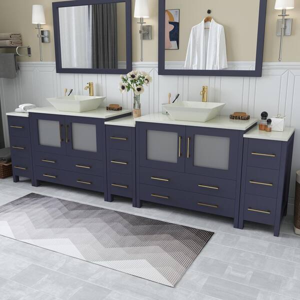 Vanity Art Ravenna 60 in. W Double Basin Bathroom Vanity in Blue with White Engineered Marble Top and Mirror