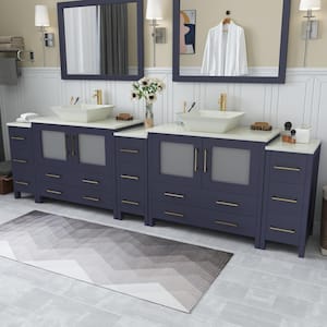Ravenna 108 in. W Double Basin Bathroom Vanity in Blue with White Engineered Marble Top and Mirror