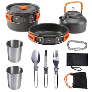 Aluminum Outdoor Set of Pots and Pans Combination Camping Cookware Set for 2-People to 3-People in Orange