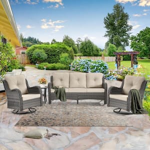 Gray 4 Piece Wicker Outdoor Conversation Set Patio Sofa Swivel Rocking Chairs with Side Table and Beige Cushions