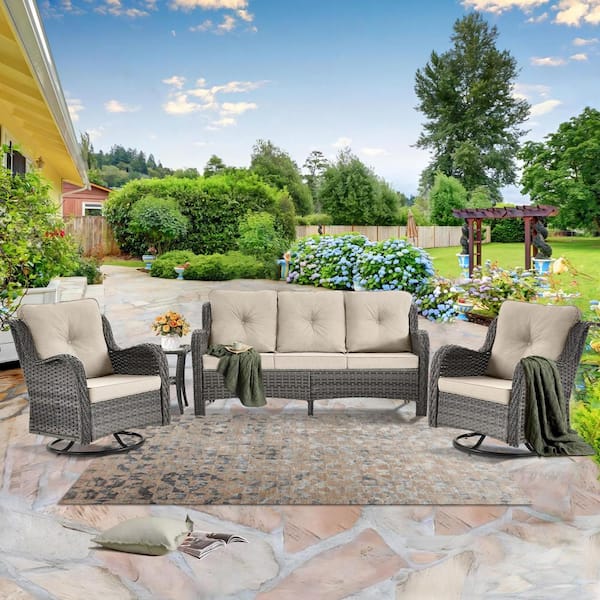 Gray 4 Piece Wicker Outdoor Conversation Set Patio Sofa Swivel Rocking Chairs with Side Table and Beige Cushions