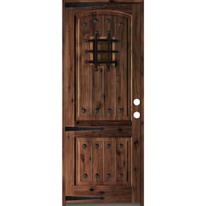 32 in. x 96 in. Mediterranean Knotty Alder Arch Top Red Mahogony Stain Left-Hand Inswing Wood Single Prehung Front Door