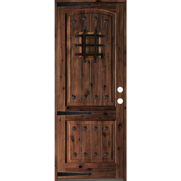 Krosswood Doors 48 in. x 96 in. Mediterranean Knotty Alder Arch Top Red Mahogony Stain Left-Hand Inswing Wood Single Prehung Front Door
