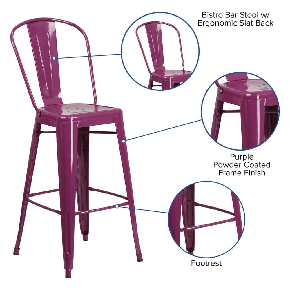 Purple Metal 30" High Indoor-Outdoor Barstool with Back