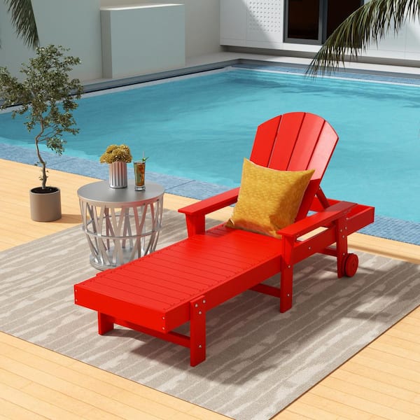 WESTIN OUTDOOR Laguna Red HDPE Plastic Outdoor Adjustable Backrest Classic Adirondack Chaise Lounger With Arms And Wheels