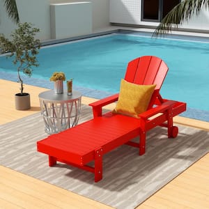 Laguna Red HDPE Plastic Outdoor Adjustable Backrest Classic Adirondack Chaise Lounger With Arms And Wheels