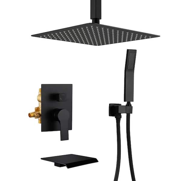 Single Handle 3-Spray Tub and Shower Faucet 2.5 GPM, Ceiling Mount 12 in. Head Shower and Hand Shower in Matte Black