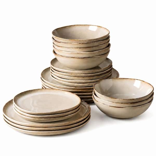 24-Piece Stoneware Dinnerware Set for 8, Rustic Reactive Glaze Ceramic Plates and Bowls, Oatmeal Linen, Service for 8