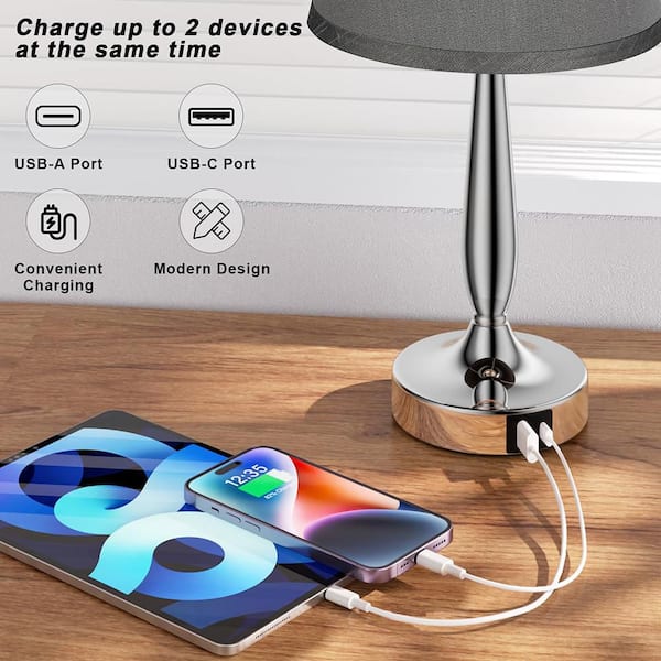 16 in. Silver Touch Lantern Table Lamp with USB C Charging Port