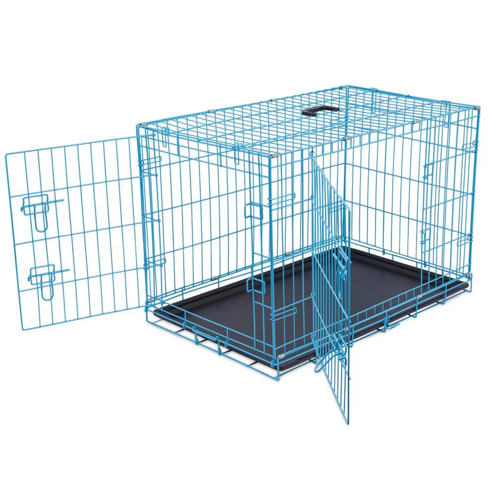 Large Blue Steel Double Door Pet Crate with Black Tray