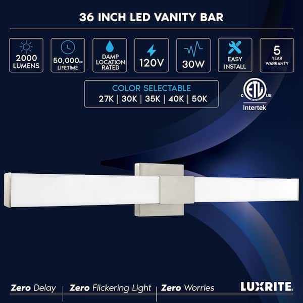 36 in. 1-Light Brushed Nickel Fixture 5 CCT 2700K-5000K Vanity 30-Watt 2000 Lumens Dimmable Damp Rated ETL Square