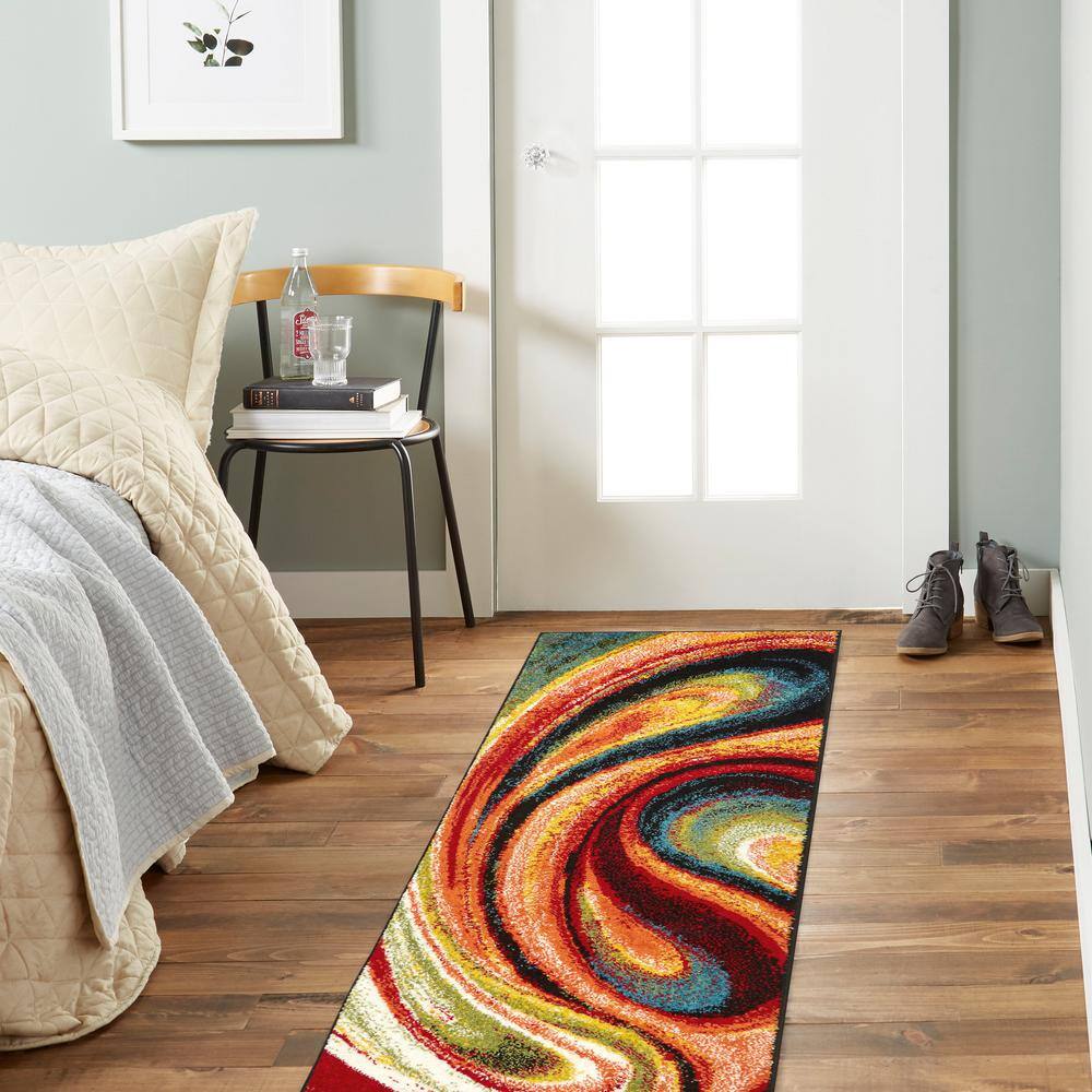 Adja Red and Multicolor Abstract Swirl Runner Rug