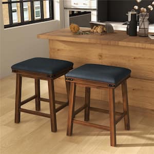 24 in. Brown Backless Wood Bar Stool Counter Stool with Faux Leather Seat (Set of 2)