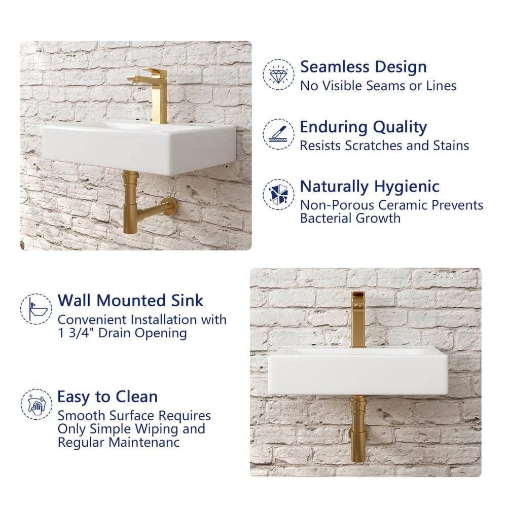 18'' White Ceramic Wall-Mount Bathroom Sink with Faucet Hole