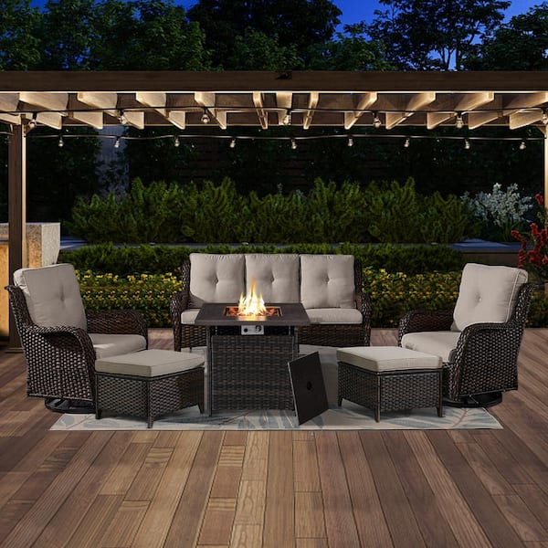 Opohoro ArcoBay 6-Piece Brown Wicker Patio Square Fire Pit Conversation Set with Beige Cushions and Swivel Rocking Chairs