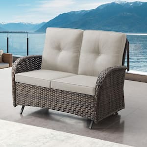 2-Person Wicker Patio Outdoor Glider with Cushion Guard Beige Cushions