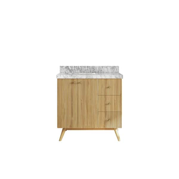 Willow Collections Pasadena Teak 36 in. W x 22 in. D x 36 in. H Left Offset Sink Bath Vanity in Light Teak with 2 in. Carrara Marble Top