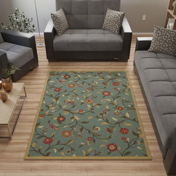 Basics Collection Non-Slip Rubberback Floral Leaves 5x7 Indoor Area Rug, 5 ft. x 6 ft. 6 in., Seafoam Green