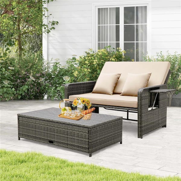 2-Piece Wicker Outdoor Day Bed Set Loveseat Sofa with Ottoman and Retractable Side Tray and Brown Cushions