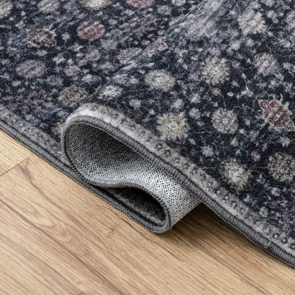 Petunia Distressed All-Over Floral Border Non-Slip Machine-Washable Charcoal/Red 8 ft. x 10 ft. Area Rug