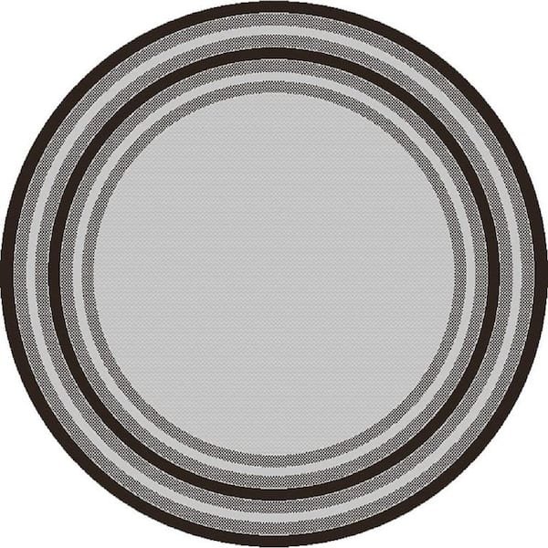 Isla Gray 8 ft. Round Border Striped Indoor/Outdoor Area Rug