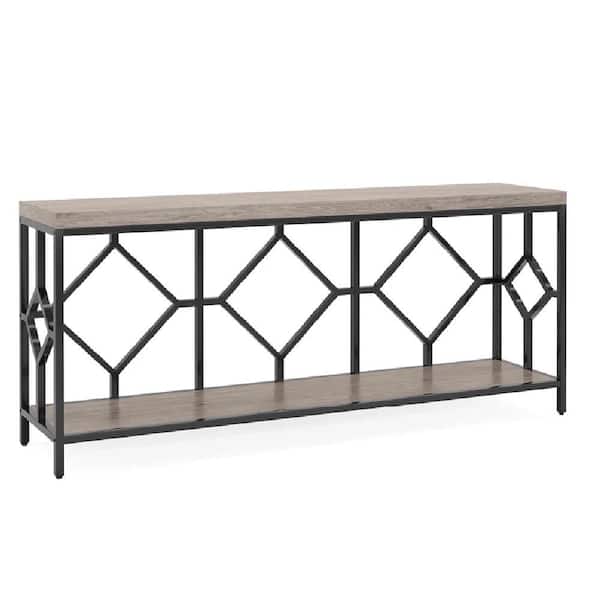 BYBLIGHT Turrella 70.9 in. GrayandBlack Extra Long Rectangle Wood Console Table Behind Couch Table with Storage Shelves 2-Tier