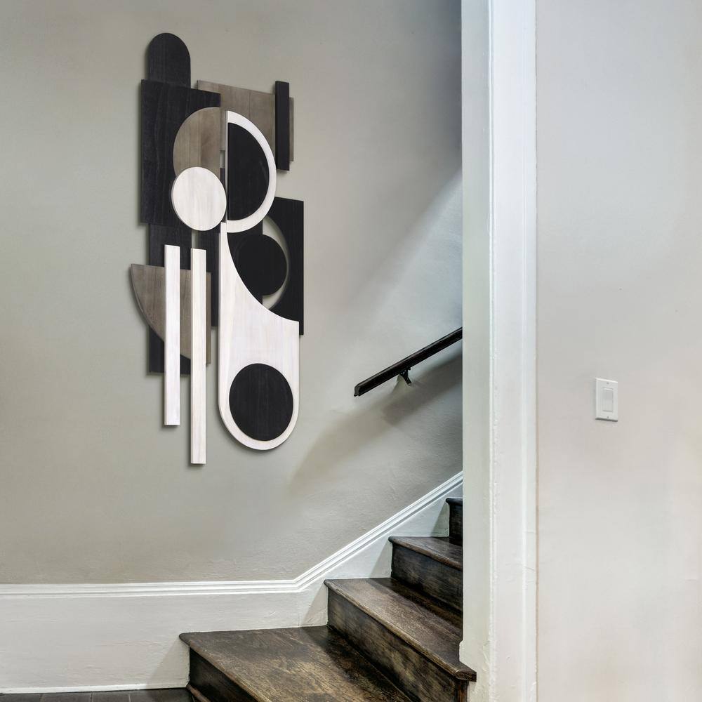 Luminous Whisper 48" x 24" Black and White Paulownia Wood Abstract Wall Art