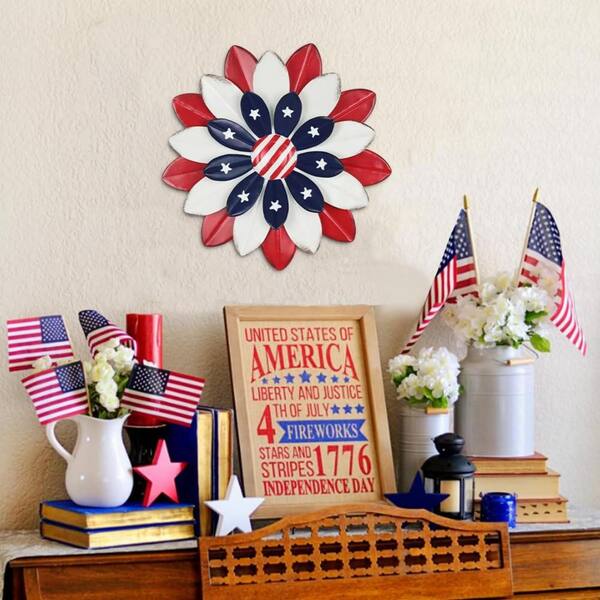 Cubilan 11 in. x 11 in. Red White and Blue Metal Flower Wall Art