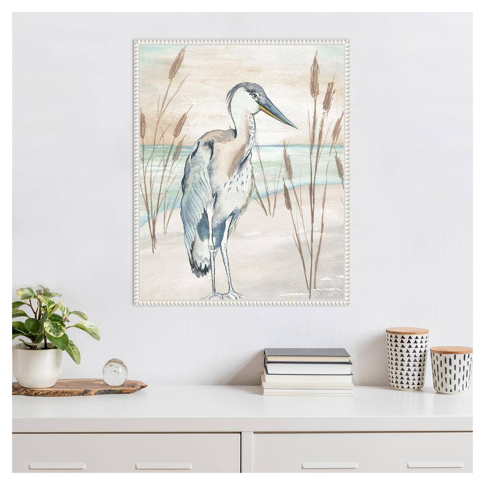 Heron by Beach Grass Nautical Canvas Framed Wall Art