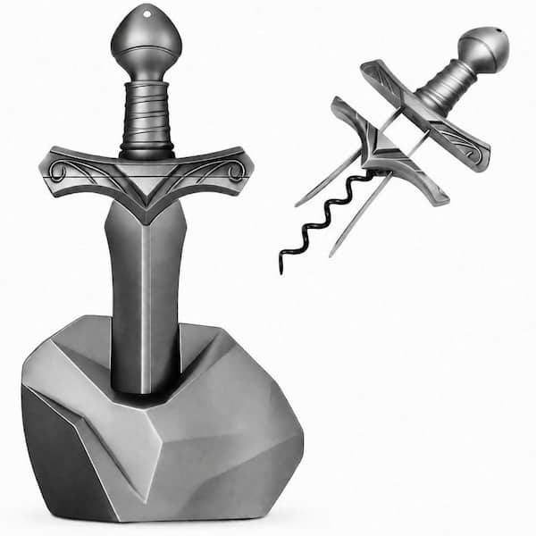 Vintage Sword Ah So Wine Opener with Display Base, Zinc Alloy Corkscrew for Fragile Corks, Silver Bar Decor