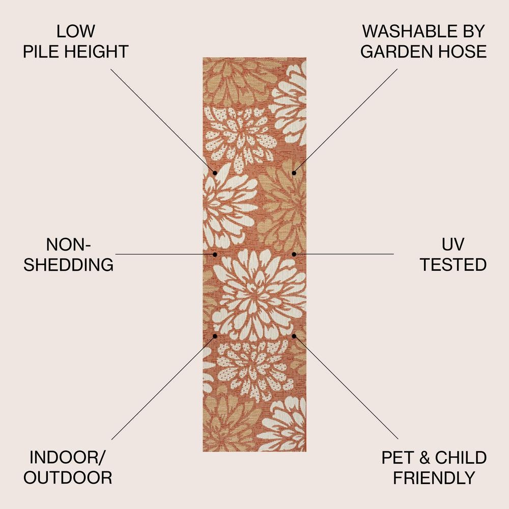 Zinnia Floral Orange and Cream Synthetic Runner Rug