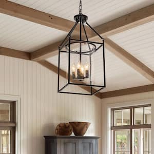 4-Light Black Lantern Chandelier with Seedy Glass Shade for Kitchen Island