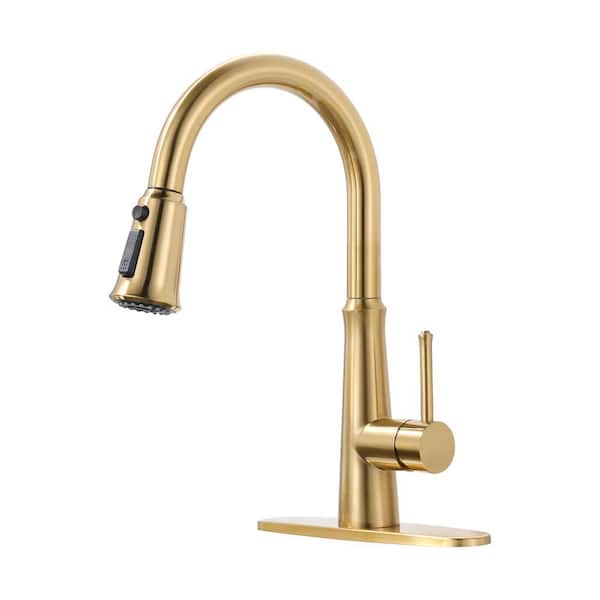 VEVETTA Gold 15 in. H Single Handle Pull Down Sprayer Kitchen Faucet with 360° Spout Swivel and 3-Spray Mode