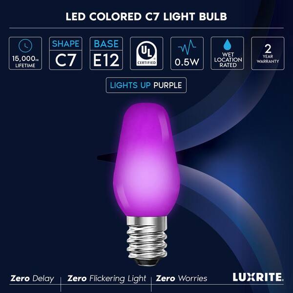 Verbinding erts Miles LUXRITE 0.5-Watt C7 LED Purple Replacement String Light Bulb Shatterproof  Enclosed Fixture Rated UL E12 Base (12-Pack) LR21751-12PK - The Home Depot